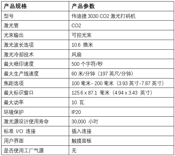 伟迪捷3030二氧化碳激光喷码机产品规格和参数